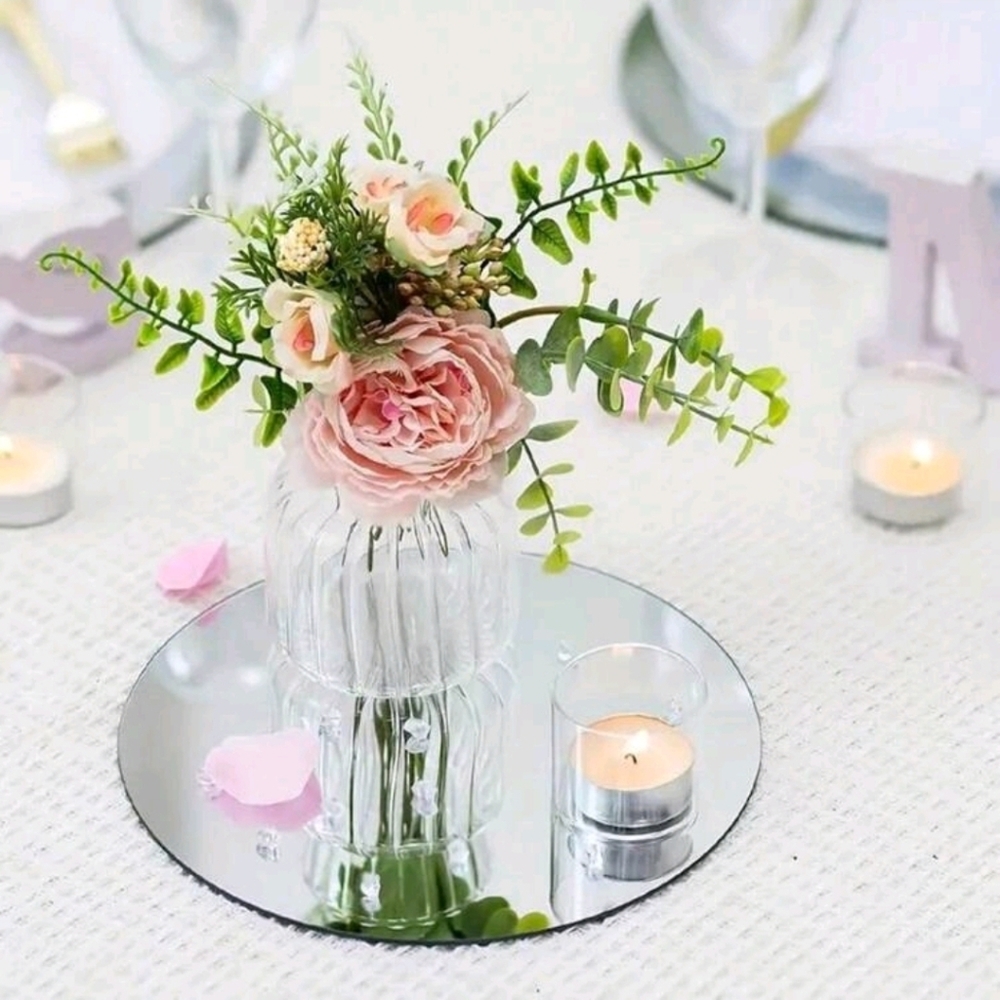 Round Glass Mirror Tray Wall Decor - Pink